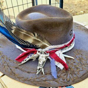 Charlie 1 Horse Custom HAND BURNED  Felt Cowboy Hat Red/White/Blue Accents